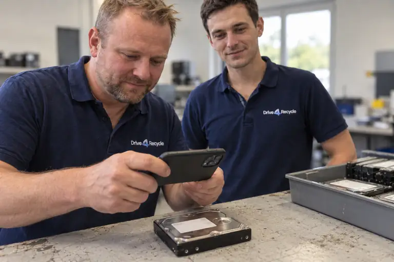 Een harde schijf wordt met een telefoon geregistreerd.