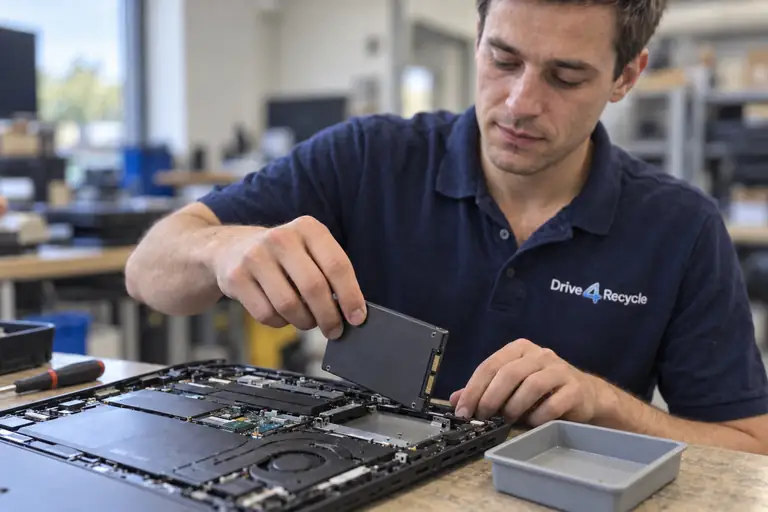 Sam houdt een SSD uit een laptop apart voor verwerking.