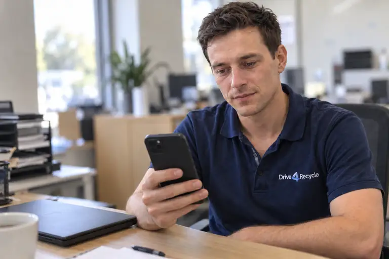 Sam bekijkt een foto van oude hardware op zijn telefoon.