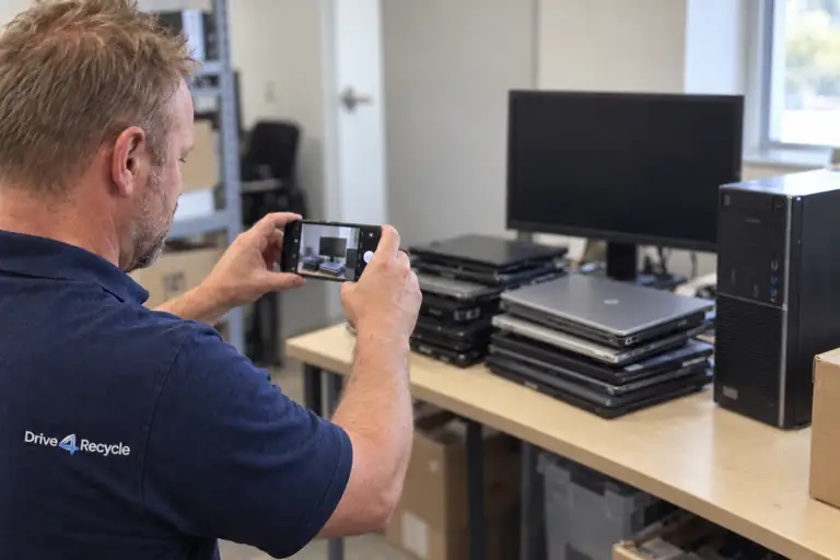 A phone taking a photo of a stack of laptops and a desktop computer.