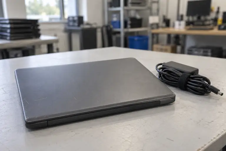 Een gebruikte laptop met lader, klaar voor een tweede leven.