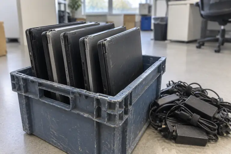 Een krat met oude bedrijfslaptops en gebundelde laders.