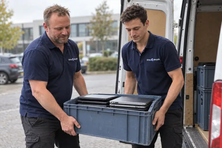 Bob en Sam laden een krat met oude laptops in een bestelbus.