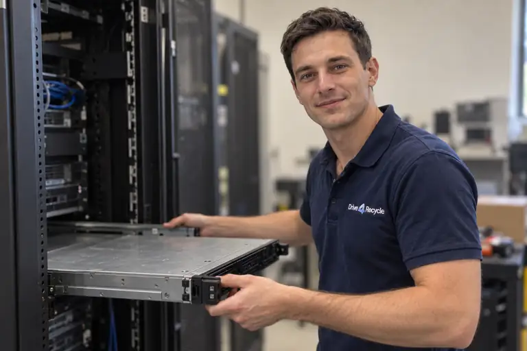 Sam haalt een server uit een rack voor afvoer.