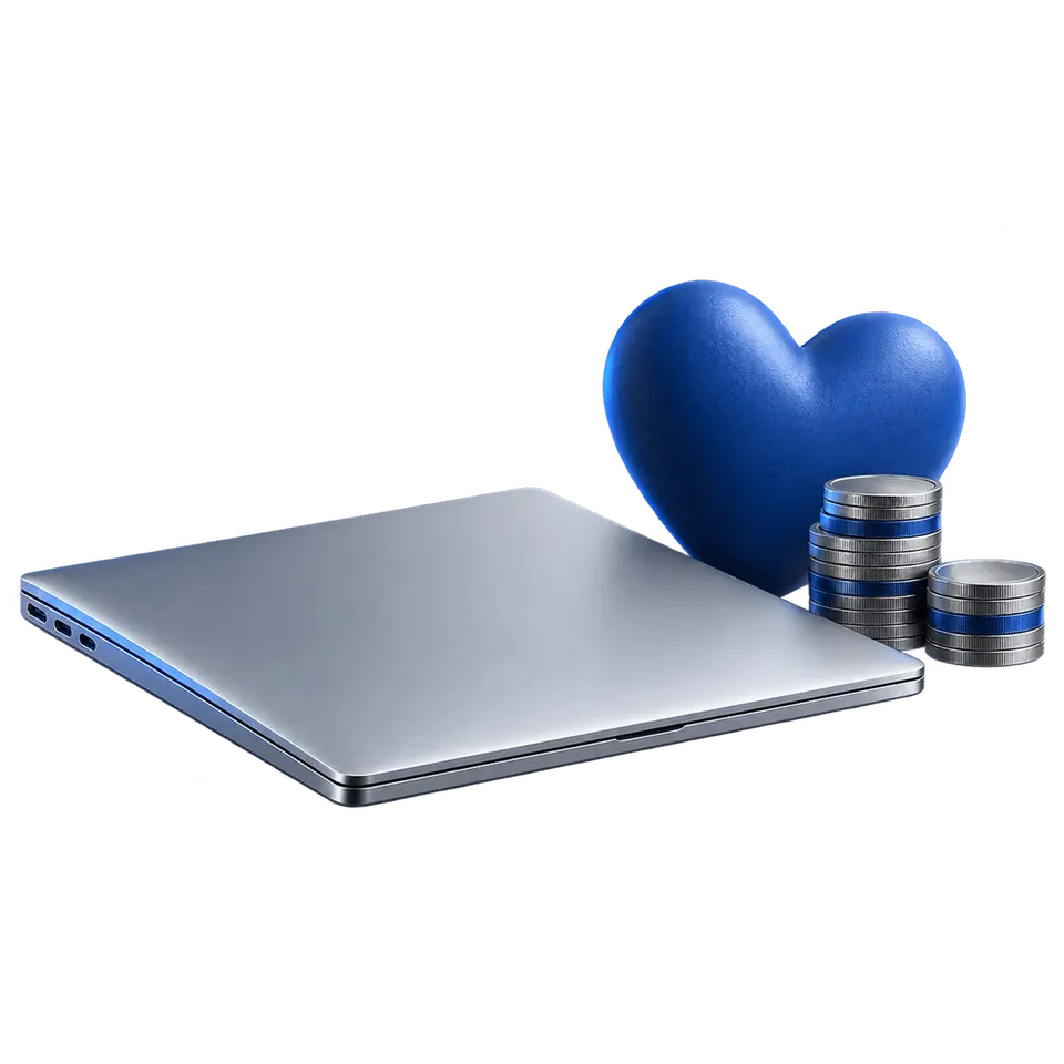 A laptop beside coins and a blue heart illustrating a contribution to a local charity.